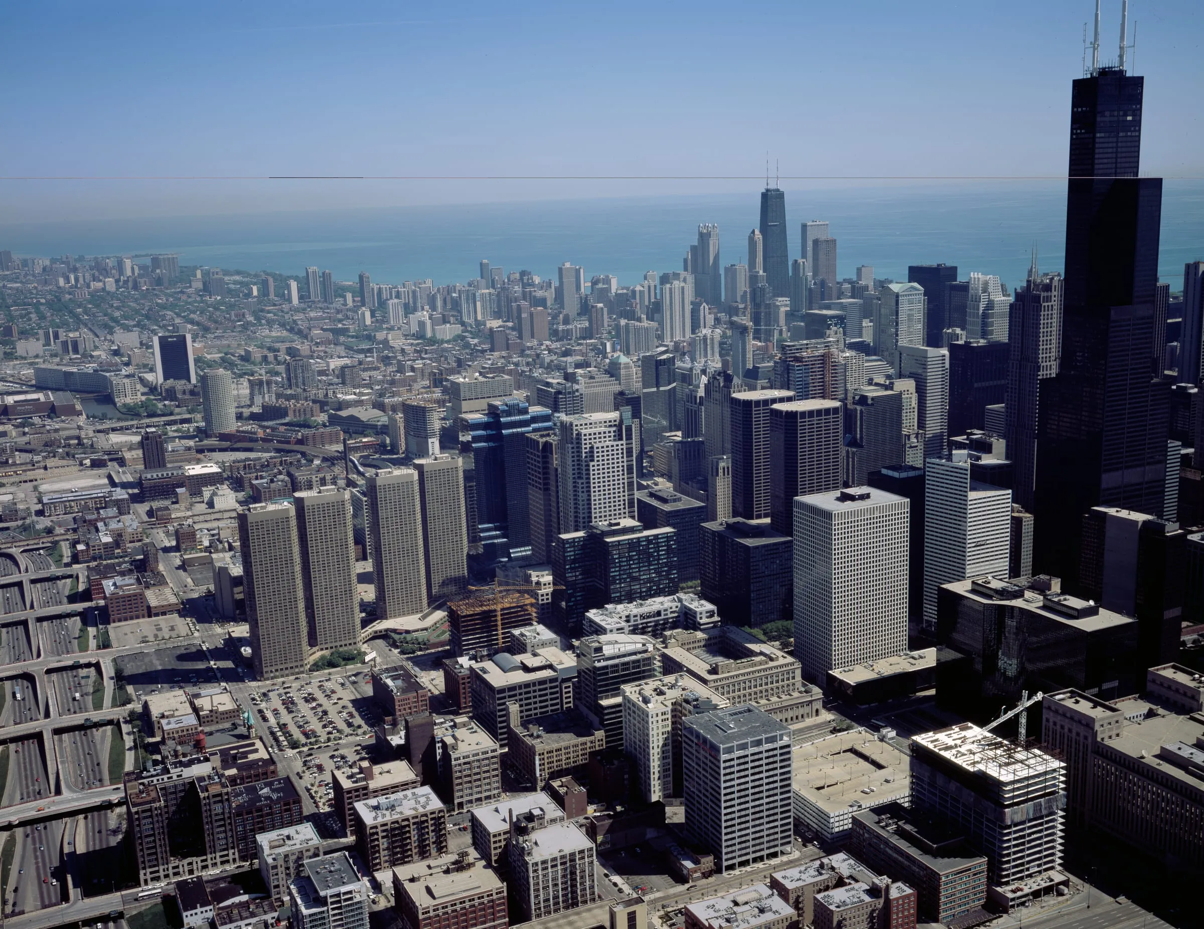 Aerial view of downtown Chicago skyline and Lake Michigan