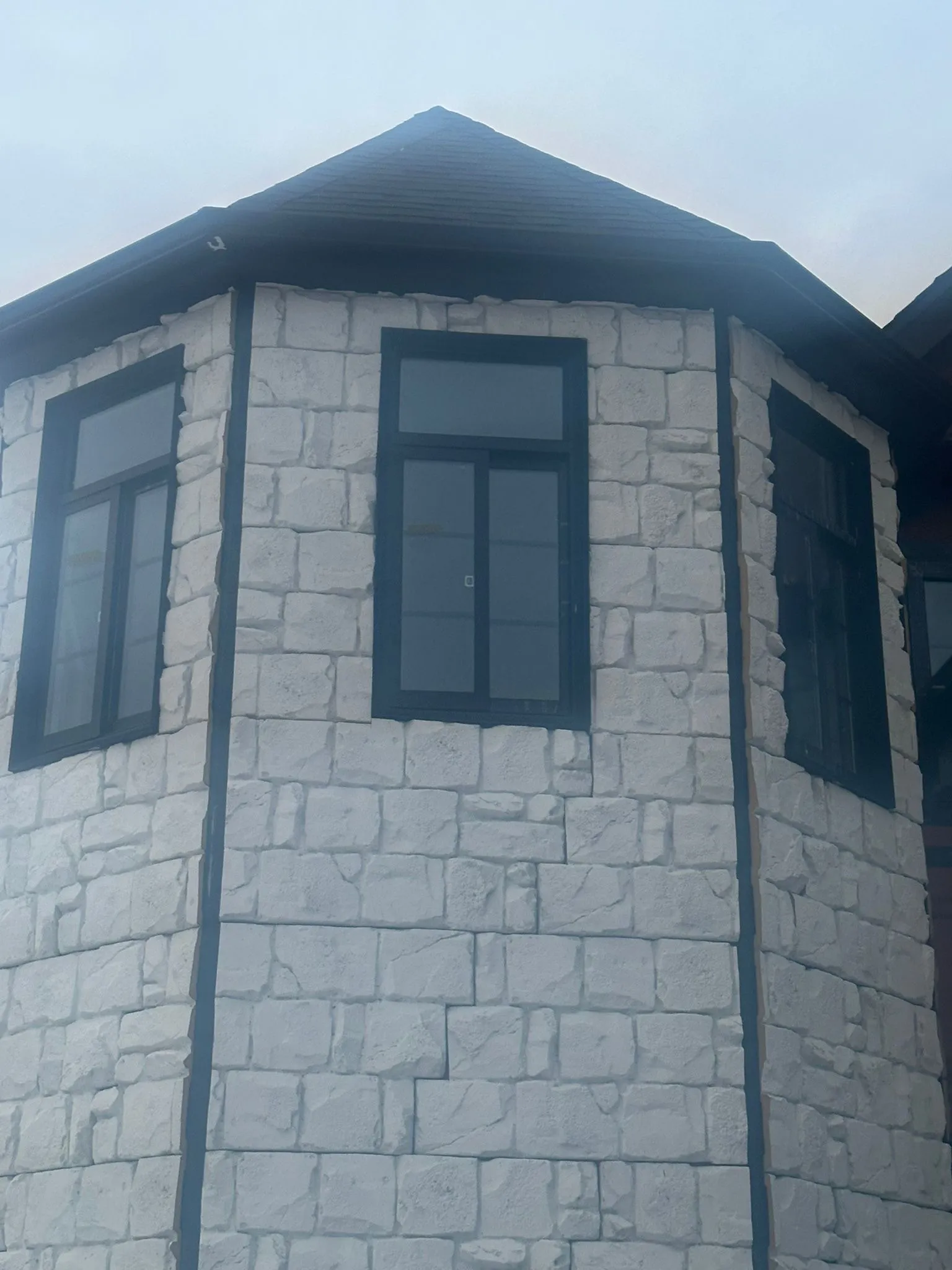 Black-frame windows on a stone-accented home exterior